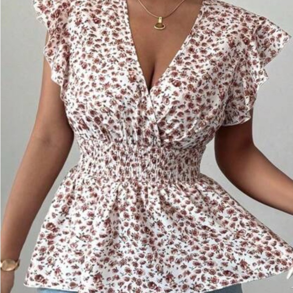 SHEIN White and Pink Floral Smocked Blouse